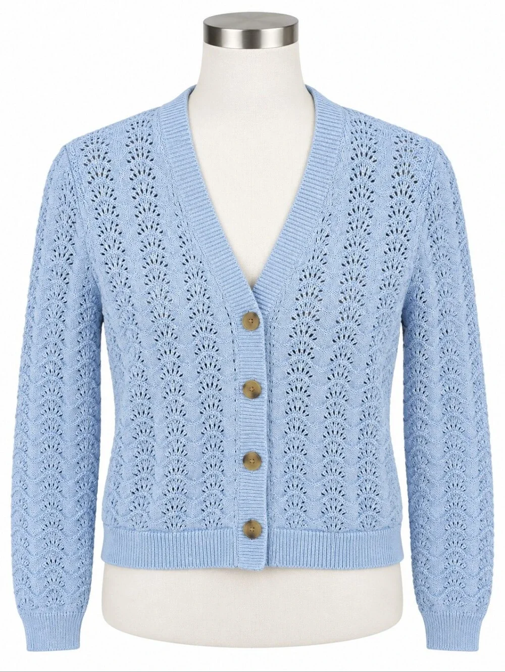 LOFT Light Blue Pointelle Knit Cardigan Sweater Womens Size XS Scalloped Cropped